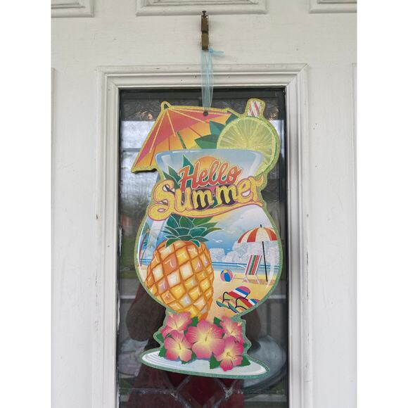 Hello Summer Sign Beach Scene Margarita Drink Sign Pineapple Sign Wooden Sign - Picture 1 of 5